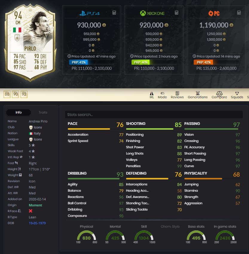 FIFA 20 FUT Andrea Pirlo Icon Moments 94 rated player stats