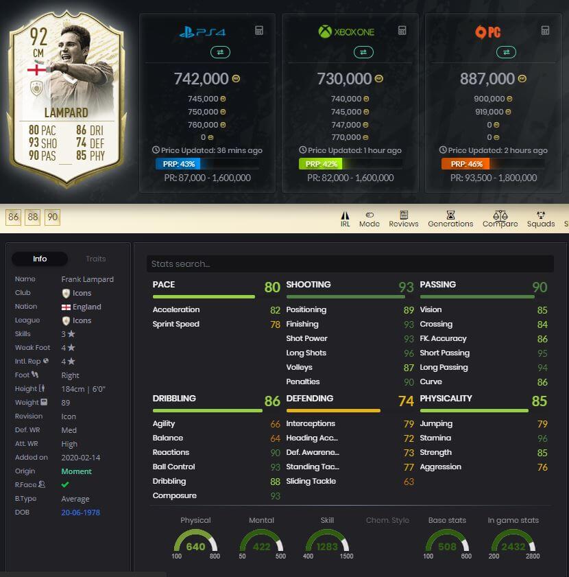 FIFA 20 FUT Frank Lampard Icon Moments 92 rated player stats