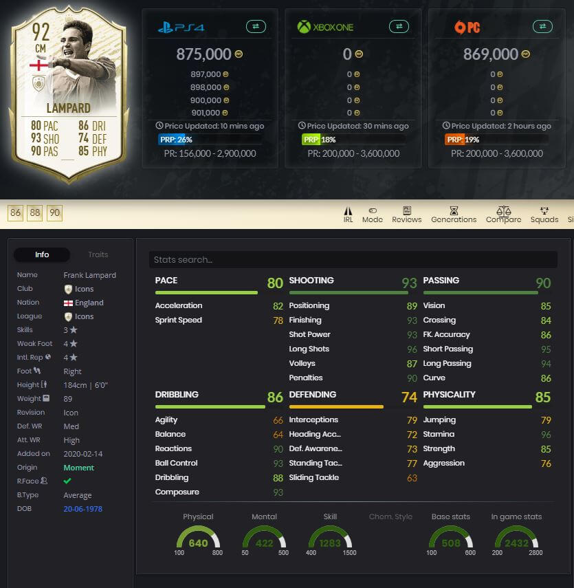 FIFA 20 FUT Frank Lampard Moments 92 Rated Player Stats