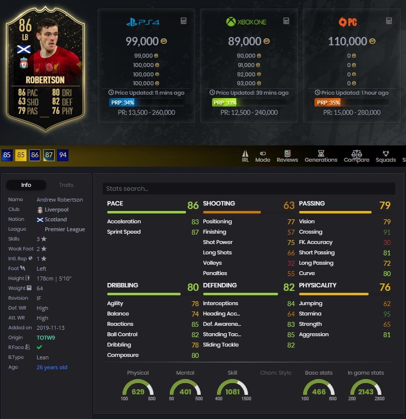FIFA 20 FUT Andrew Robertson IF 86 rated player stats