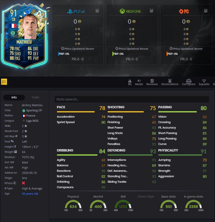 FIFA 20 FUT Jeremy Mathieu TOTSSF Player Stats