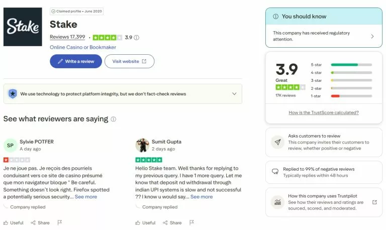 Stake.com Trustpilot Score